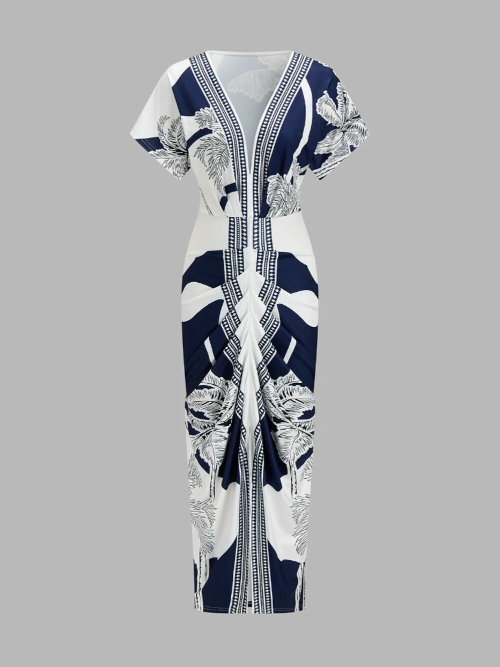 Printed Deep V-Neck Midi Dress